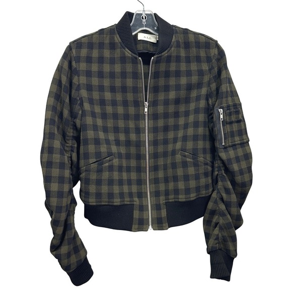A.L.C. Jackets & Blazers - ALC Andrew Buffalo Check Virgin Wool Bomber Jacket Size 6 Olive Green Black